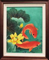 Lotus Koi 11x14 Framed Original Cloisonne by Wang Ge <! aesthetic> <! local>