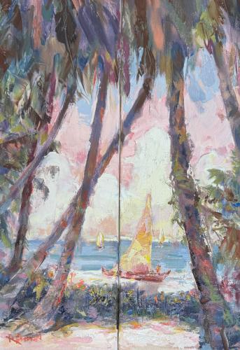 View Through the Palms 16x25 Diptych Original Oil by Rod Cameron <! local>