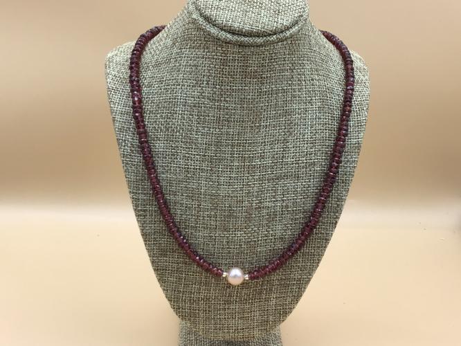 Garnet, Faceted Rondell & Center Edison Pearl SS Necklace by Pat Pearlman <! local>