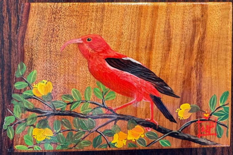 <b>*NEW*</b> Hungry Honeycreeper 5x7 Oil on Live-Edge Koa by Deen Garcia <! local>