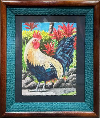 <b>*NEW*</b> Waikoloa Rooster 10x13 Original Watercolor in Deluxe Koa Frame by Garry Palm <! local>