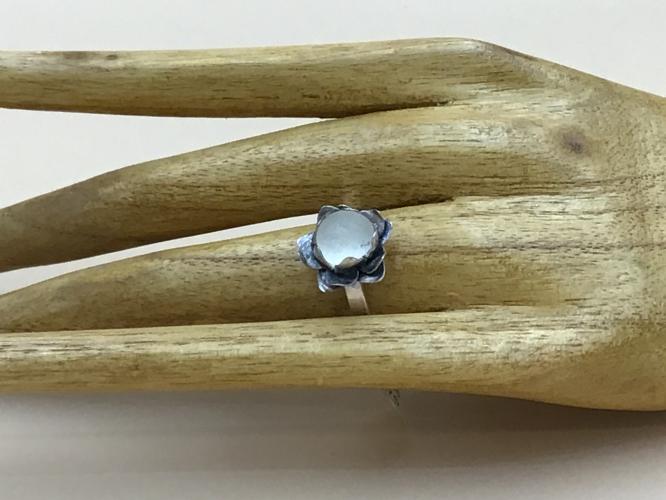 White Sea Glass Lotus Oxidized SS Ring Sz 8.75 by Ingrid Lynch <! local> <! aesthetic>