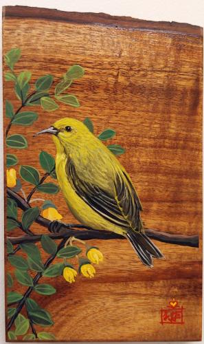<b>*NEW*</b> Song of the Amakihi 5x8 Original Oil on Live-Edge Koa by Deen Garcia <! local>
