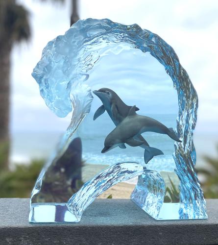 Playful Dolphin Seas LE Lucite Sculpture by Robert Wyland