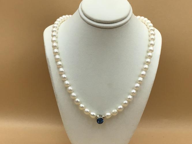 <b>*NEW*</b> Faceted Blue Topaz & 7mm FW Pearl SS Necklace 16-Inch+Ext by Pat Pearlman <! local>