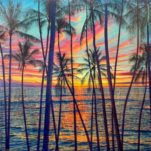 <b>*NEW*</b> Sunset Palms Prayer II 48x48 Original Pyro and Oil on Mango by David 'Kawika' Gallegos <! local>