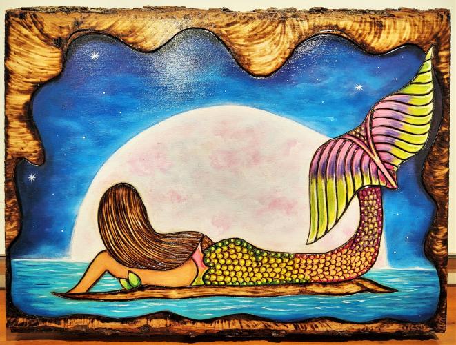<b>*NEW*</b> Mermaid by the Moon 9x13 Paint on Live-Edge Walnut by Alexandra Gutierrez