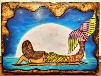 Mermaid by the Moon 9x13 Paint on Live-Edge Walnut by Alexandra Gutierrez