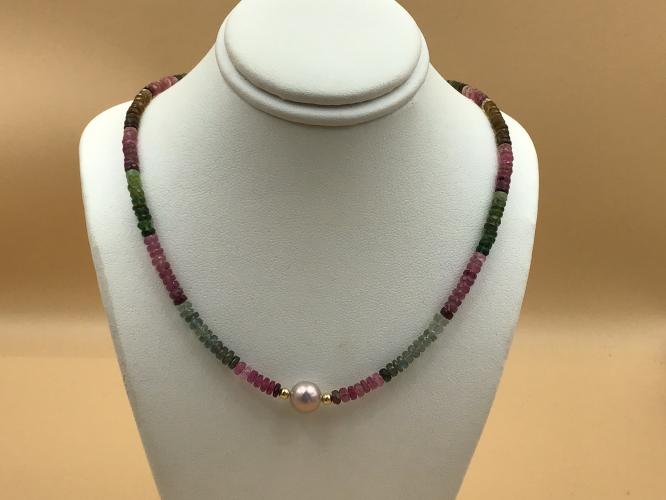 <b>*NEW*</b> Multi-Tone Watermelon Tourmaline, 8mm Pink Edison Pearl & Faceted Rondell GF Necklace 16-Inch+ext by Pat Pearlman <! local>