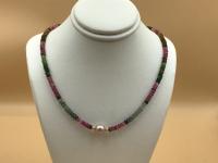 Multi-Tone Watermelon Tourmaline, 8mm Pink Edison Pearl & Faceted Rondell GF Necklace 16-Inch+ext by Pat Pearlman <! local>