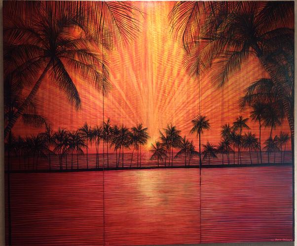 <b>*NEW*</b> Waikoloa Sunset Triptych 42x48 Oil/Pyro on Mango by David 'Kawika' Gallegos <! local>