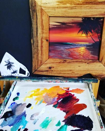Sunset Palms 8.5x10.5 Framed Original Oil on Koa by Walfrido Garcia <! local>
