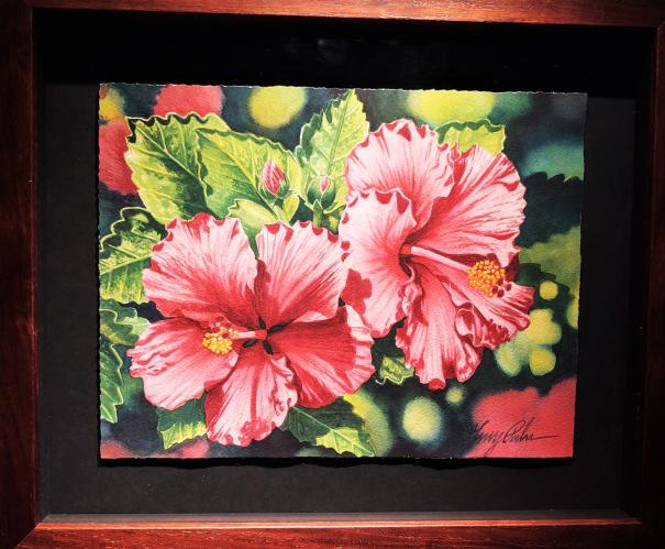 Pink Hibiscus 10x13 Original Watercolor (Framed) by Garry Palm