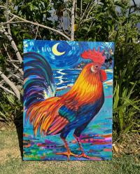 Aloha Starry Night Chicken 18x24 Original Acrylic by Camile Fontaine <! local> <! aesthetic>