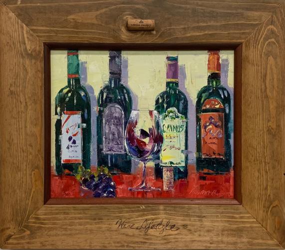 Wine Lifestyle Original Oil with Vintage Barrel Wood Frame by Roman Czerwinski <! local>