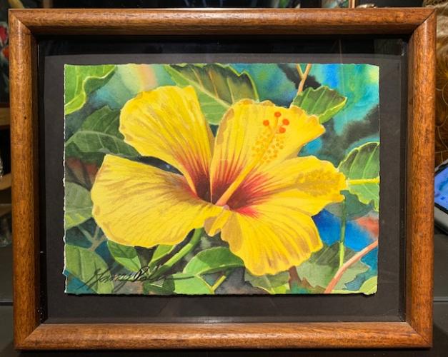 Yellow Hibiscus 9x12 Framed Watercolor by Garry Palm <! local>