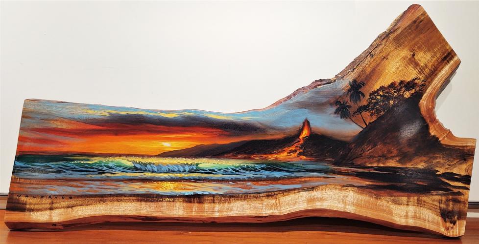 <b>*NEW*</b> Volcanic Coast Sunset 34x17 Original Acrylic on Live-Edge Koa by Walfrido Garcia <! local>