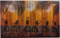 Seven Hula w/Moon Phases 30x48 Oil/Pyro on Koa by David 'Kawika' Gallegos <! local>