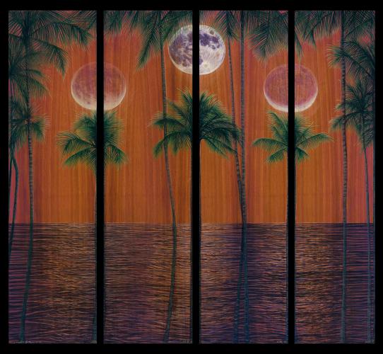 Moonset Quartet 48x48 Oil/Pyro on Koa by David 'Kawika' Gallegos <! local>