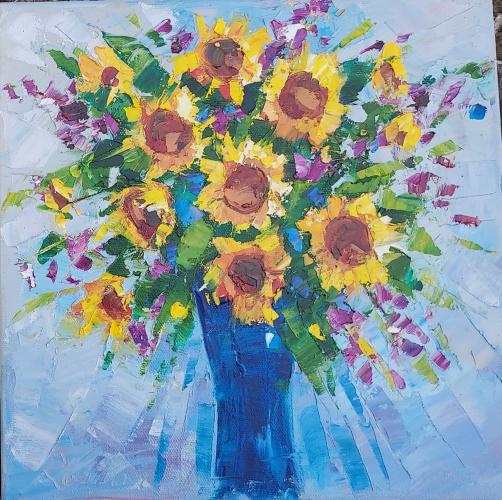 <b>*NEW*</b> Sunflowers in Blue Vase 10x10 Original Oil by Roman Czerwinski <! local>