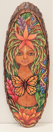 Butterfly Maiden 9x24 Pyro/Paint on Live-Edge Walnut by Alexandra Gutierrez <! aesthetic>