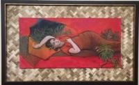 Lauhala 15x30 Original Oil in Bamboo Mat Frame [Women in Sunset Series] by Camille Ackerman-Dugan