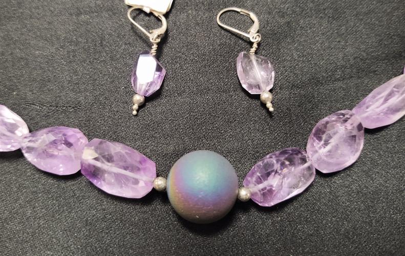 Amethyst & Purple Druzy Bead SS Earring & Necklace Set by Genesis Collection