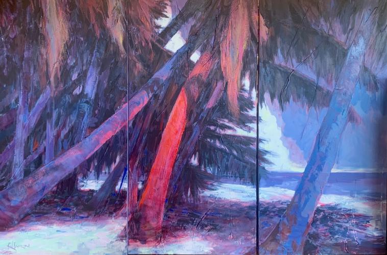 Red Palm Beach 56x84 Original Acrylic Triptych by Rod Cameron <! local>