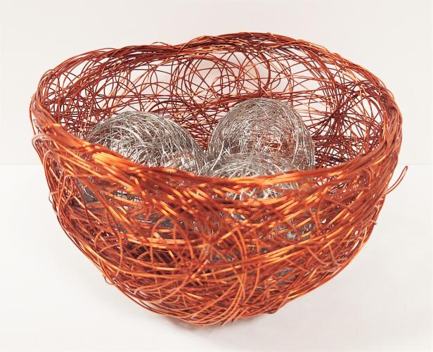 Copper Basket w/3 Sterling Silver Spheres by Cindy Luna