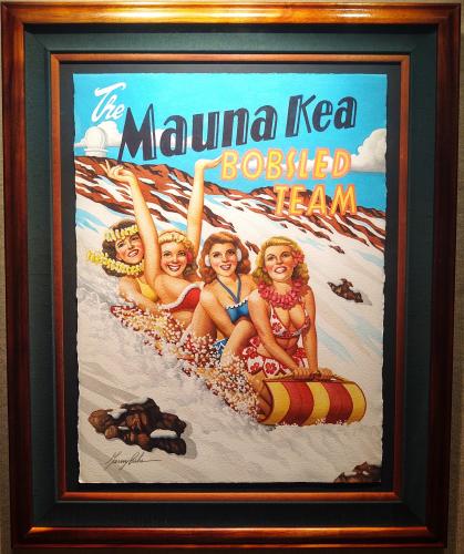 <b>*NEW*</b> Mauna Kea Bobsled Team 22x30 Original Watercolor in Deluxe Koa Frame by Garry Palm <! local>