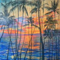 <b>*NEW*</b> Waikoloa Sunset Palms 48x48 Original Pyro and Oil on Mango by David 'Kawika' Gallegos <! local>