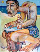 Drummer On the Beach Original Oil on Paper by Avi Kiriaty <! local>