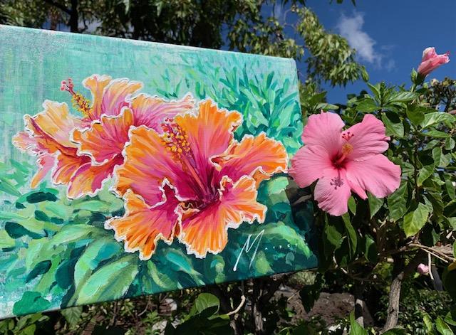 Citrus Hibiscus 12x16 Acrylic - Painted in Gallery by Shawn Mackey