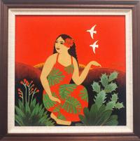 Sunset Wahine 16x16 Framed Cloissone by Wang Ge <! aesthetic> <! local>