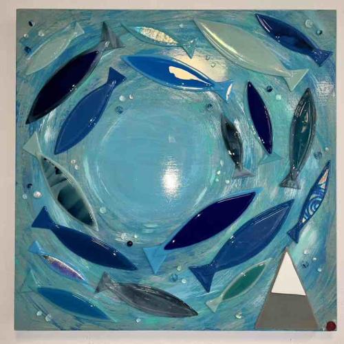 Bait Ball Motion in the Ocean 24x24 Fused Glass Wall Art by <b>*FEBRUARY SALE: 14% OFF*</b> <br>Shelly <a></a>Batha <! local> <! aesthetic>