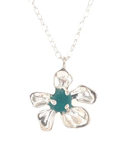 Teal Seaglass SS Plumeria Necklace by Ingrid Lynch <! local> <! aesthetic>