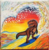 <b>*NEW*</b> Heart Wave Surfing Dino 10x10 Original Acrylic & Oil by Danielle Groff <! local>