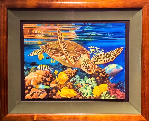Honu Reef 12x16 Original Watercolor in Deluxe Koa Frame by Garry Palm <! local>