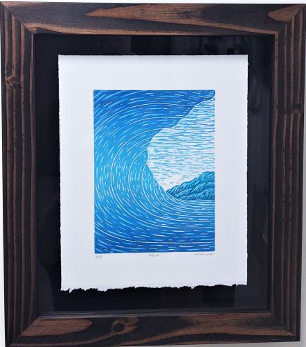 Aqua 9x11 Framed Original Four-Layer Color Reduction Woodcut Print on Rives Paper LE #2/15 by Steven Kean <! local> <! aesthetic>