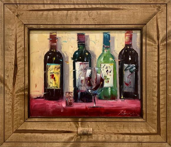 Celebrate with Friends Original Oil with Vintage Barrel Wood Frame by Roman Czerwinski <! local>