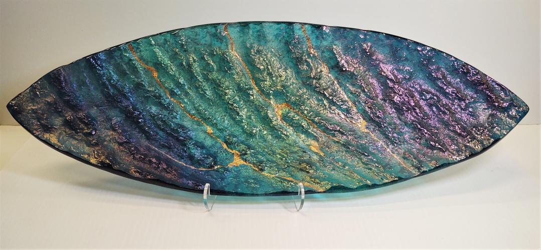 <b>*NEW*</b> Blue & Gold Oval 7x21 Glass Lava Platter by Marian Fieldson <! local>
