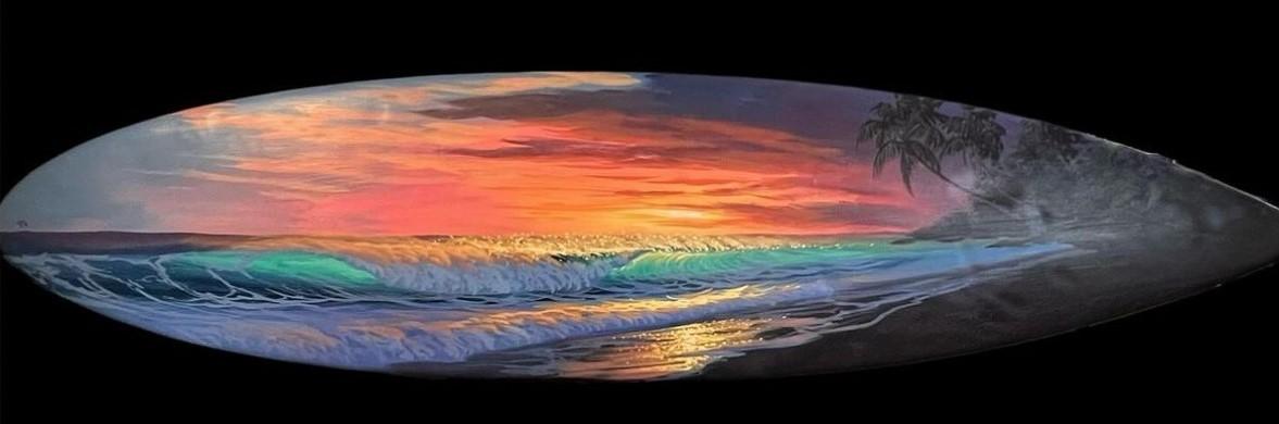 Big Island Sunset Original Acrylic on 73" Reclaimed Surfboard by Walfrido Garcia <! local>