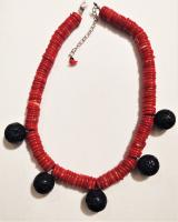 Black Lava & Red Coral SS Necklace by Genesis Collection