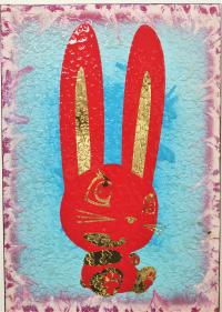 <b>*NEW*</b> Lucky Red Bunny 21x30 Original Mixed Media by J Ha