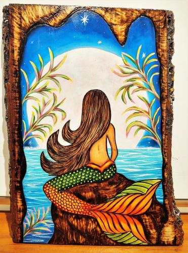 Mermaid Dwelling Between 9x13 Paint on Live-Edge Walnut by Alexandra Gutierrez