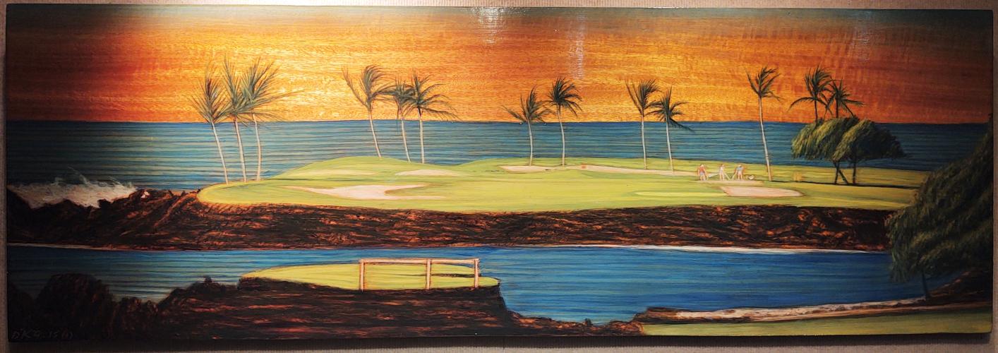 7th Hole at the Mauna Lani 16x48 Oil/Pyro on Mango by David Gallegos by 