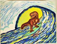 Surfing T-Rex 11x14 Acrylic & Oil on Wood by Danielle Groff <! local>