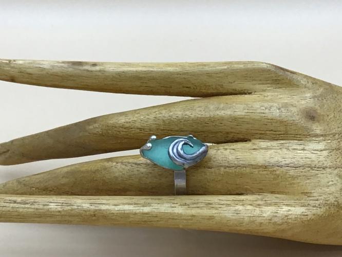 Teal Seaglass Wave Oxidized SS Ring Sz 6.5 by Ingrid Lynch <! local> <! aesthetic>