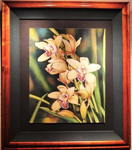 Pale Yellow Cymbidiums Orchids Original Watercolor Framed by Garry Palm <! local>