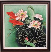 <b>*NEW*</b> Koi & Chrysanthemum 24x24 Framed Original Cloisonne by <b>*NEW ARTIST*</b> <br>Wang <g>Ge</g>